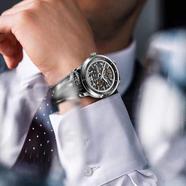 LOBINNI New Business Leather Luxury Luminous Automatic Hollow Machinery 316 Stainless Steel Case Watch 92001