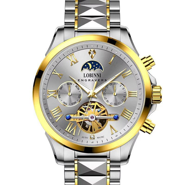 LOBINNI Men's Tourbillon Movement Fully Automatic Mechanical Watch, Mechanical Watch with Month, Day and Week Display19051