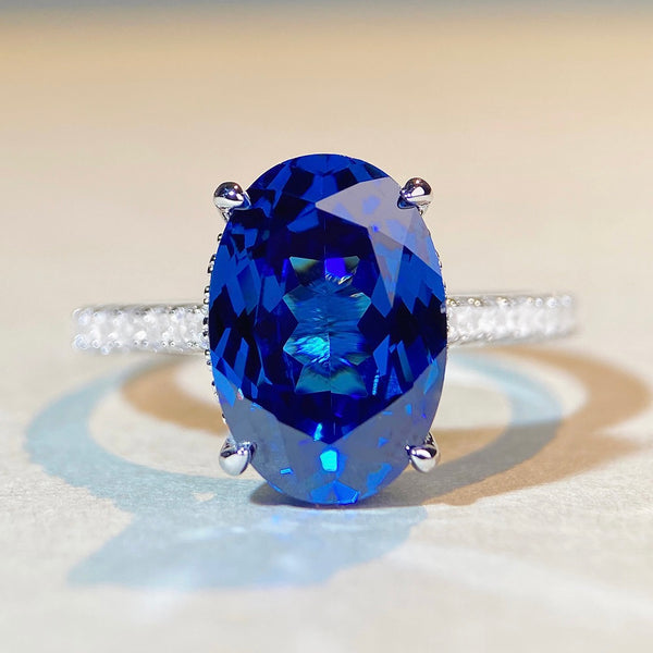 S925 pure silver ring, women's navy blue treasure Dan shaped pigeon egg diamond ring, high carbon diamond zircon ring