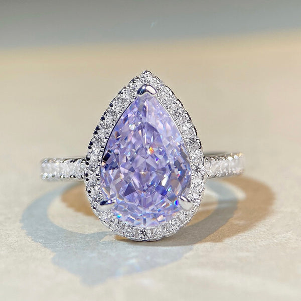 S925 pure silver pear shaped ring, lavender purple high carbon diamond, gemstone ring, European and American fashion zircon ring