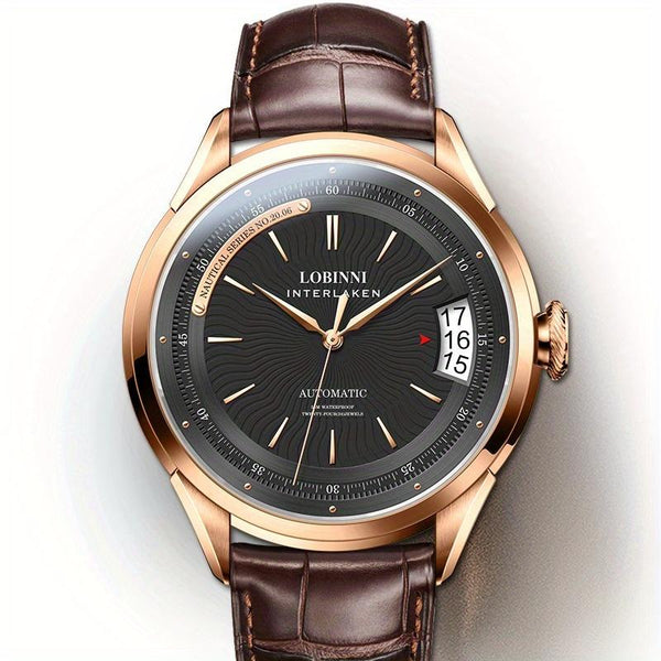 LOBINNI Men's Luxury Automatic Mechanical Watch - Sleek Hollow Design with Blue Gemstone Dial, Stainless Steel Case & Faux Leather Strap