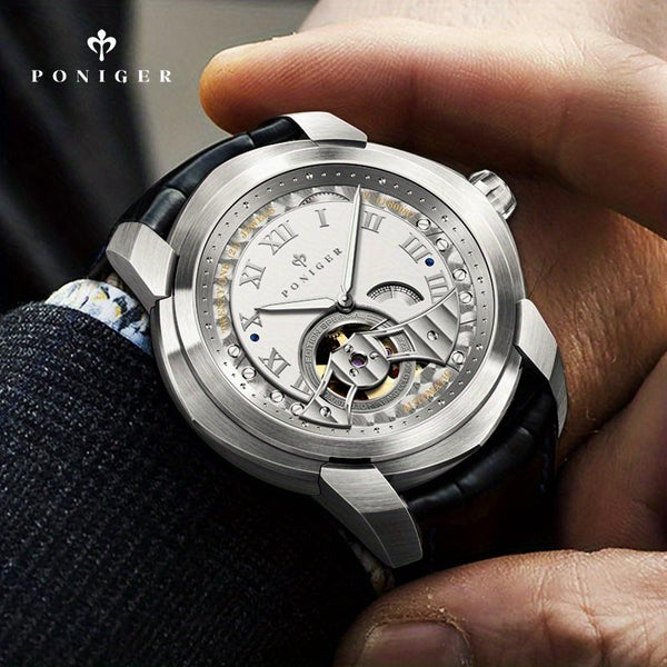 Poniger Skull Black Watch Men's Luxury Erkek Kol Saati Men's Watch Japanese Movt Automatic Mechanical Hollow Watch