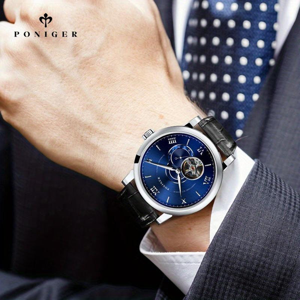 Poniger Luxury Men's Mechanical Watch Genius Steel Strap Waterproof Automatic Business Watch, Stylish Design, Suitable for Business or Casual Wear P8.63