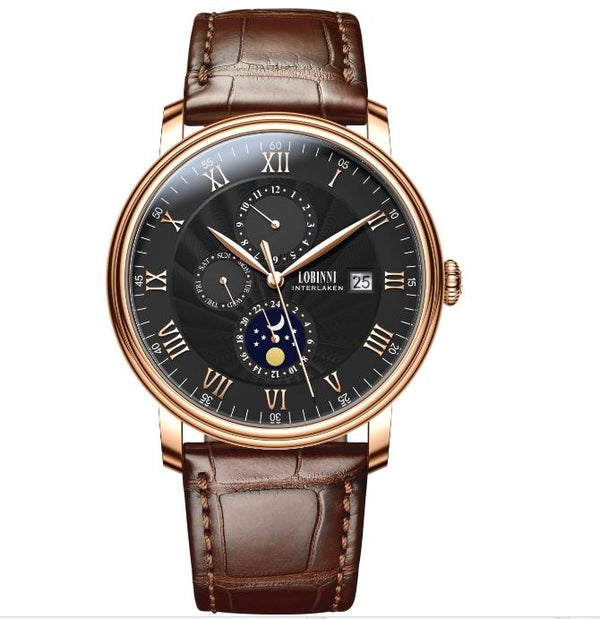 LOBINNI Men's Sleek Business Watch - Automatic Mechanical Movement, Stainless Steel Case & Faux Leather Strap,Mechanical Watch with Day and Week Display