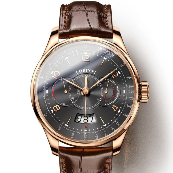 LOBINNI Men's Automatic Mechanical Watch With PU Leather Strap, Large Dial, Fashion Waterproof Multifunctional Men's Watch, Ideal Choice For Gift