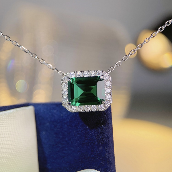 Pure silver necklace, women's emerald cut color baby stone square full diamond collarbone chain