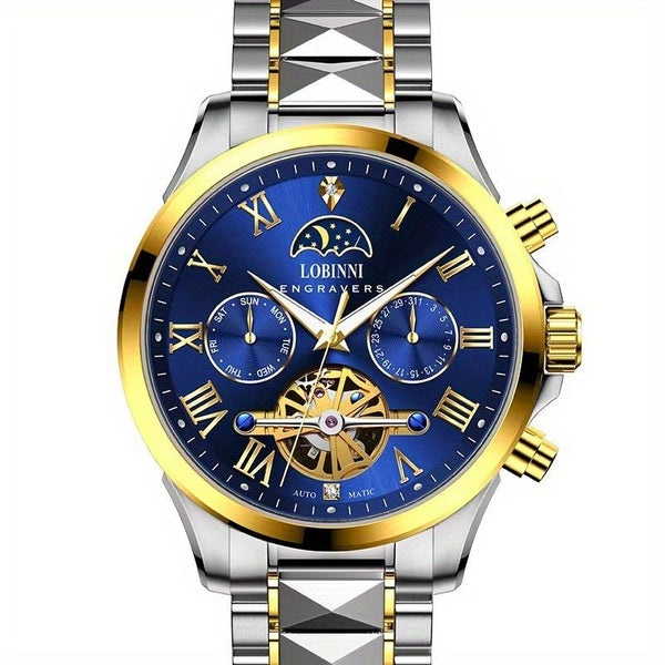 LOBINNI Men's Tourbillon Movement Fully Automatic Mechanical Watch, Mechanical Watch with Month, Day and Week Display 19051