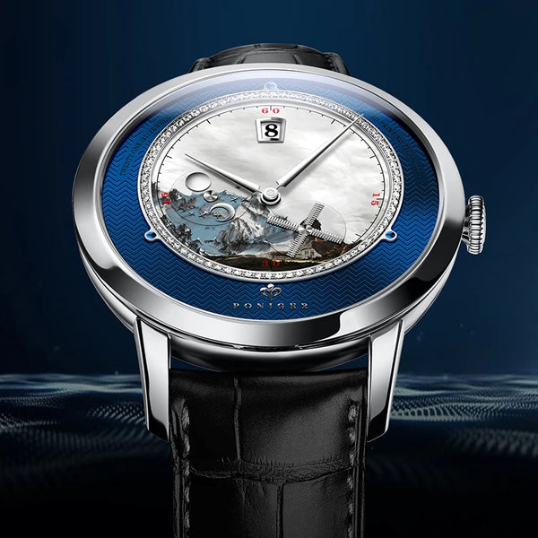 PONIGER代加工手表机械自有品牌定制表盘蓝色彩色男士真皮腕表relogio男士