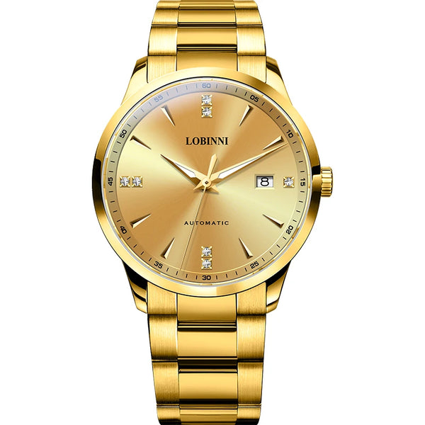 LOBINNI Water Resistant Watch Luxury Mechanical Wrist Golden Colour Watch for Men