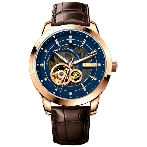 LOBINI男士热卖时尚奢华棕色皮革表带骨架机芯机械表
