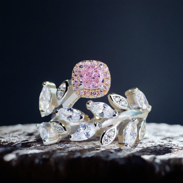 925纯银粉钻戒指活口开口可调节不掉色戒子叶子树叶ins风简约戒指