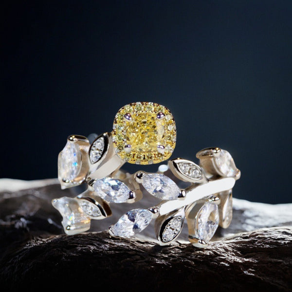 跨境珠宝S925纯银活口戒指女黄钻花呗树叶叶子小众珠宝戒指批发