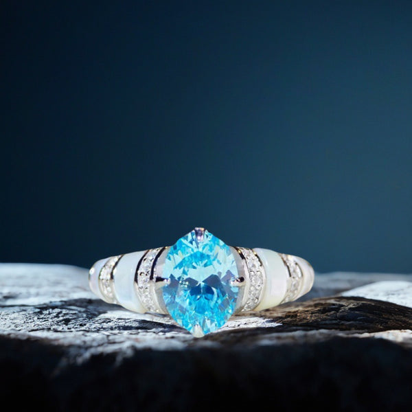 海蓝宝S925纯银贝母戒指女蓝色系列甜美时尚百搭ins风不掉色戒指