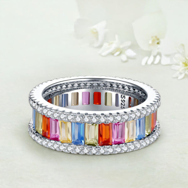 跨境珠宝S925纯银彩虹戒指女彩色锆石银戒指批发多色满钻欧美爆款