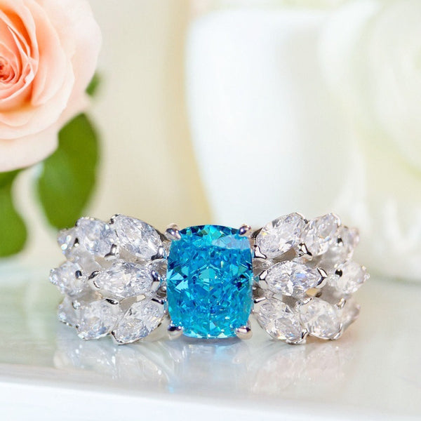 跨境珠宝S925纯银海蓝宝戒指女高碳钻冰花切蝴蝶高碳钻锆石满钻银