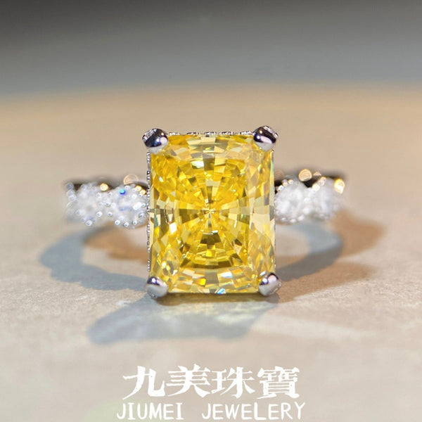 S925银欧美跨境公主方包戒指黄钻四爪钻戒戒指不掉色纯银戒指批发