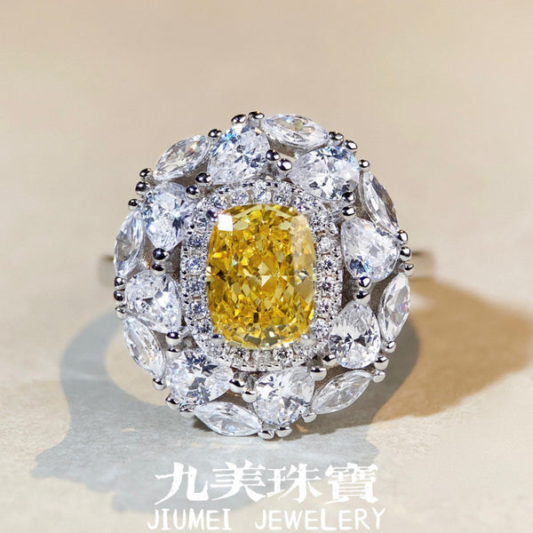 S925纯银戒指女黄钻雷迪恩切高碳钻跨境钻戒满钻欧美锆石戒子批发