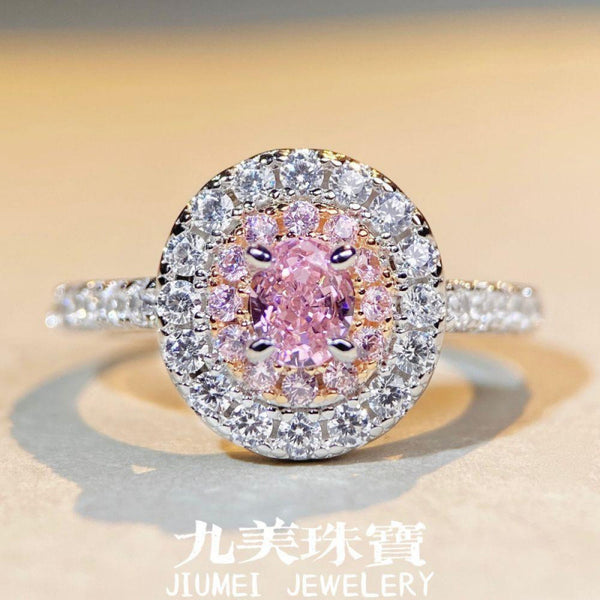 S925纯银粉钻戒指女简约时尚小鸽子蛋粉宝旦形钻戒满钻锆石戒子