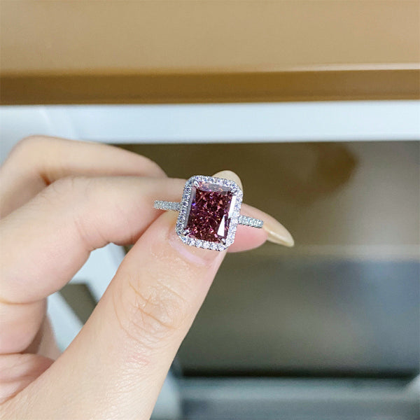 S925纯银胭脂粉戒指女冰花切3克拉方包满钻外贸热销爆款厂家直销