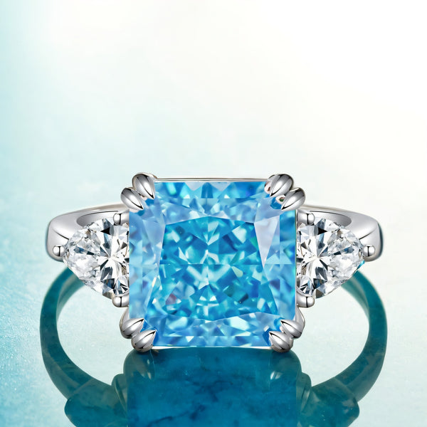 欧美跨境5克拉S925纯银海蓝宝戒指女大方糖高级感高碳钻锆石彩宝