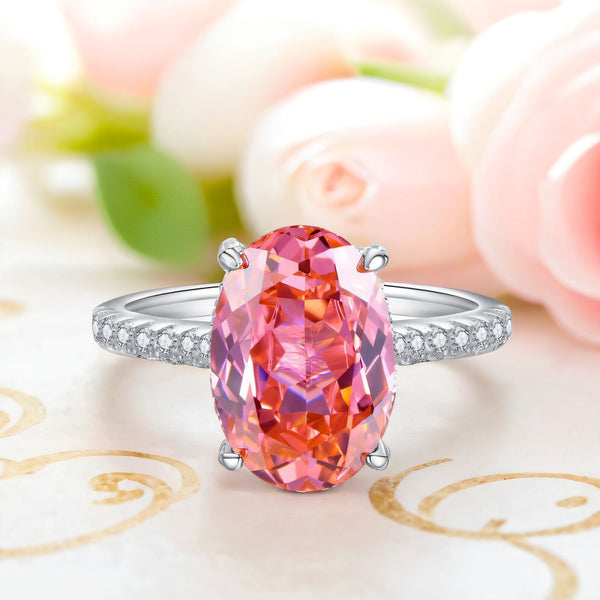 跨境珠宝帕帕拉恰S925纯银戒指女淡粉色鸽子蛋6克拉钻戒满钻