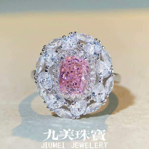 S925纯银粉钻戒指女大花蕊满钻欧美戒指夸张豪镶满钻款跨境直播
