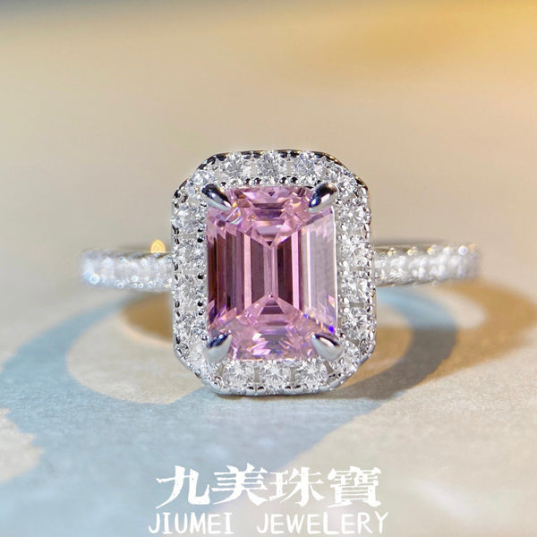 S925纯银粉钻戒指女2克拉方糖方包高级感彩宝高碳钻锆石戒指批发