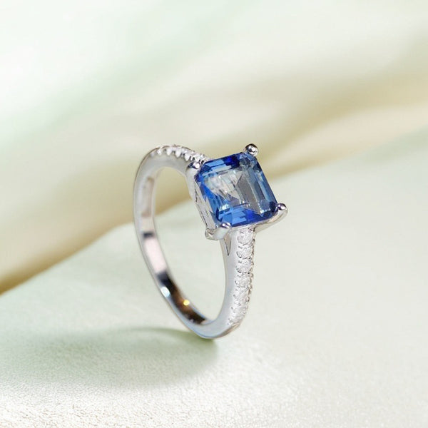 跨境珠宝天然蓝晶戒指S925纯银正方方包戒指批发水晶戒指