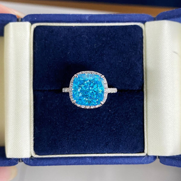 S925纯银海蓝宝戒指女10X10尺寸5克拉大方糖雷迪恩切冰花切戒指