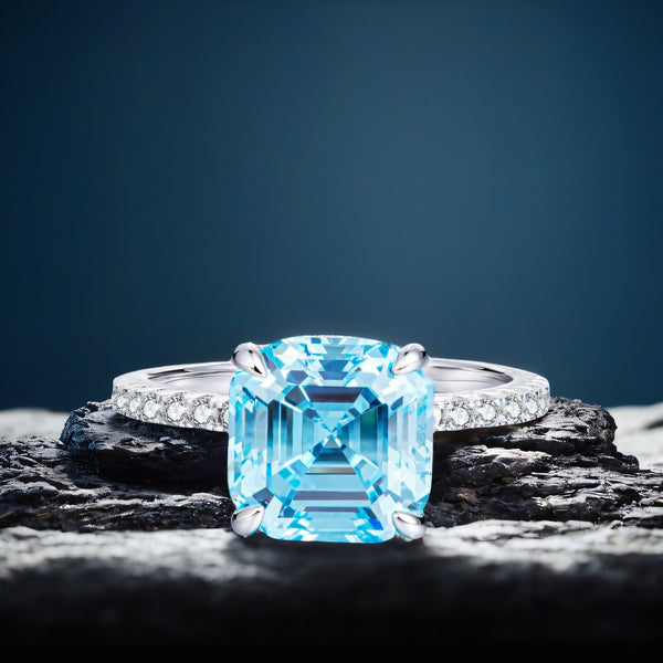 跨境珠宝925纯银海蓝宝戒指女阿斯切9X9宝塔四爪钻戒婚戒结婚道具