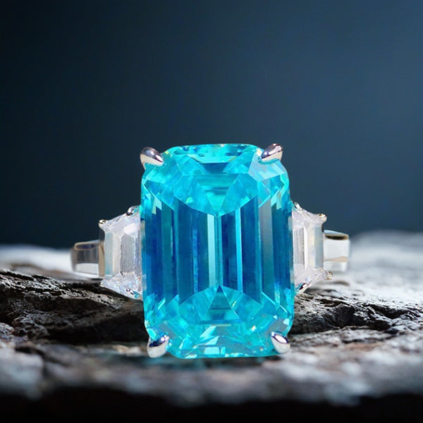 925银戒指大冰糖海蓝宝方形宝塔祖母绿切镀铂金铑金不掉色戒指女