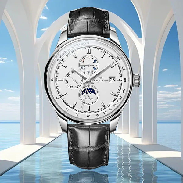 PONIGER Design Automatic Mechanical Men Watch Fashion Business Zodiac Dial Watch Calendar Weekly Moon Phase Multifunction Clock