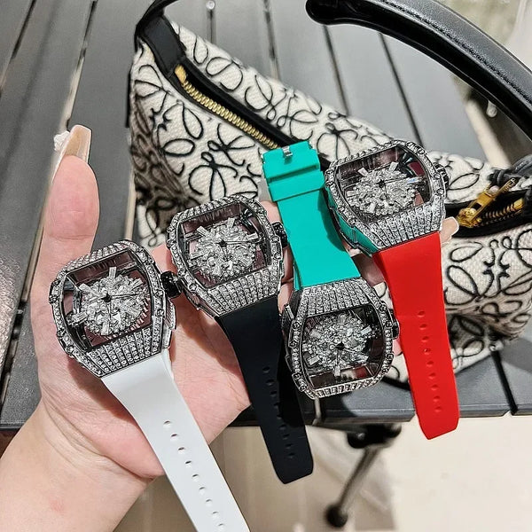 Luxury Brand Ladies Watch Snowflake Rhinestone Spinning Diamond Face for Women Silicone Strap Sports Quartz Watch