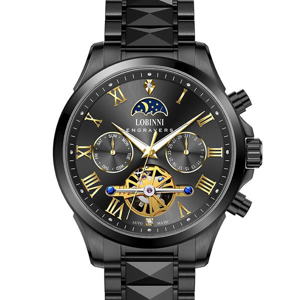 LOBINNI Men's Tourbillon Movement Fully Automatic Mechanical Watch, Mechanical Watch with Month, Day and Week Display 19051