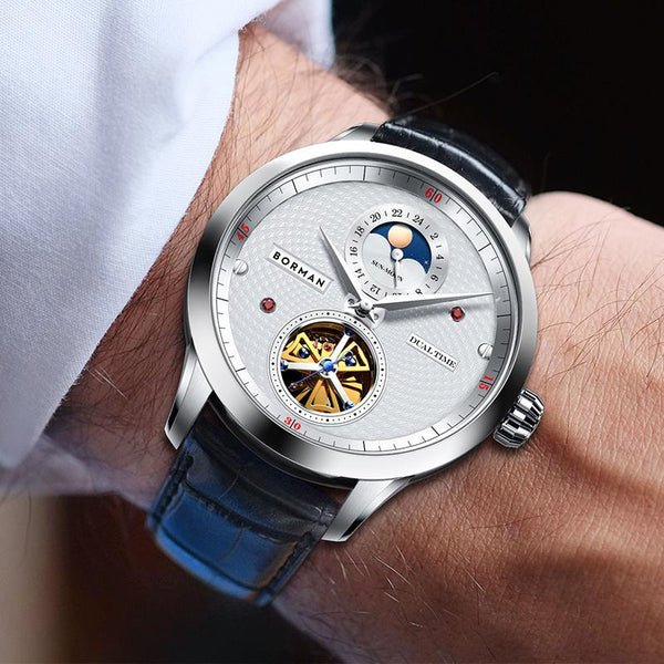 BORMAN Black Dial Colored Skeleton Automatic Mechanical 24-Hour Display Men's Wrist Leather Watch 3870