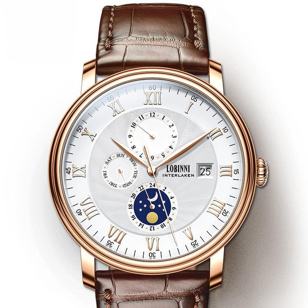 LOBINNI Men's Sleek Business Watch - Automatic Mechanical Movement, Stainless Steel Case & Faux Leather Strap,Mechanical Watch with Day and Week Display