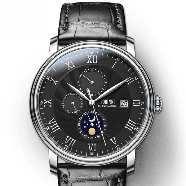 LOBINNI Men's Sleek Business Watch - Automatic Mechanical Movement, Stainless Steel Case & Faux Leather Strap,Mechanical Watch with Day and Week Display