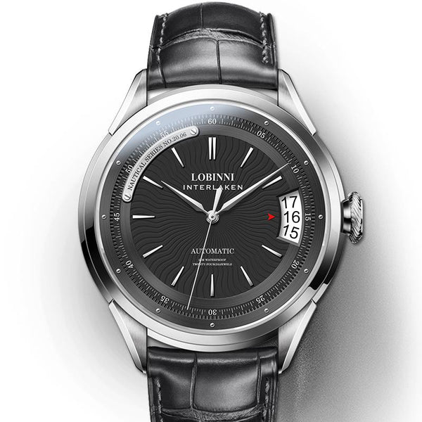 LOBINNI Men's Luxury Automatic Mechanical Watch - Sleek Hollow Design with Blue Gemstone Dial, Stainless Steel Case & Faux Leather Strap