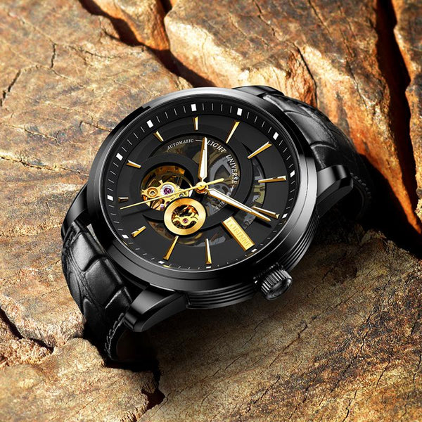 LOBINI men's Watch fashion luxury watch hollow movement mechanical watch, fully automatic waterproof leather belt men's steel bel5013t watch trend, suitable for gift-giving