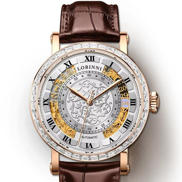 LOBINNI Men's Watch Double-sided Hollow Rhinestone Automatic Mechanical Watch Waterproof Watch