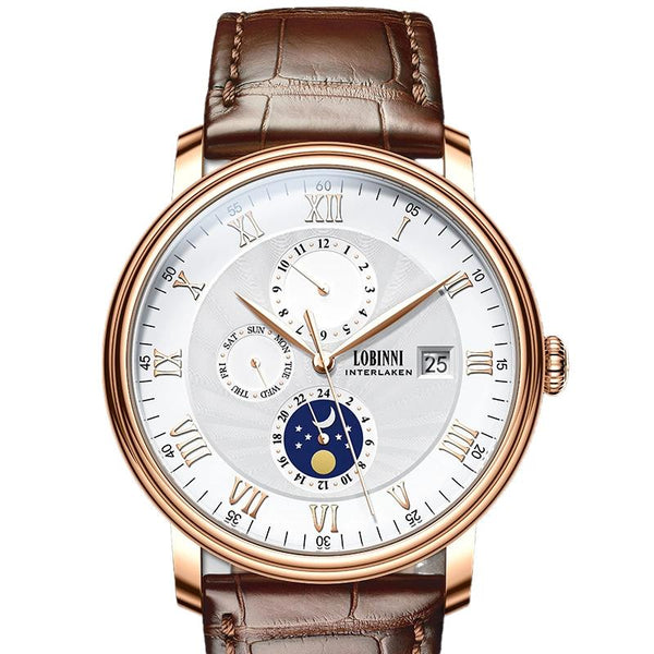 LOBINNI Men's Sleek Business Watch - Automatic Mechanical Movement, Stainless Steel Case & Faux Leather Strap,Mechanical Watch with Day and Week Display