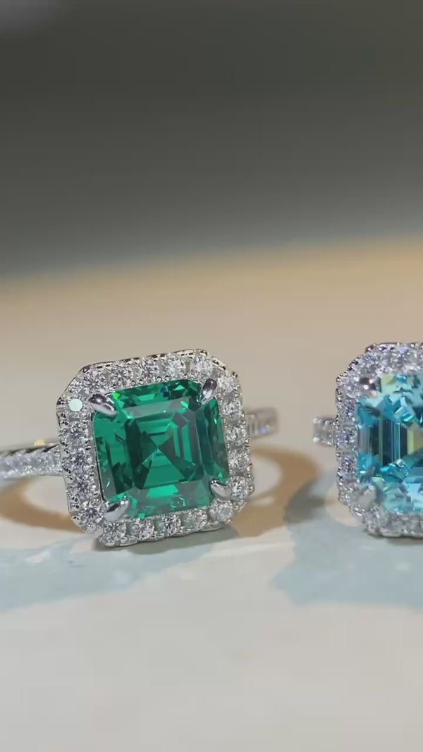 S925 Pure Silver Square Full Diamond Ring Women's Sea Blue Treasure High Carbon Diamond Zircon Pagoda Cutting Ring